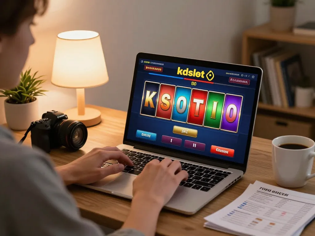 Engaging in kdslot gaming session at home, showing vibrant online slot interface and cozy atmosphere