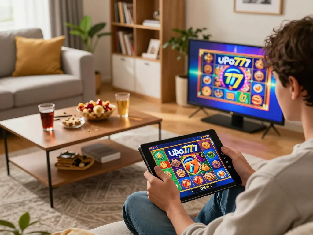 Player enjoying ufo777 slot game on a tablet in a cozy home setting, showcasing an engaging gaming experience.