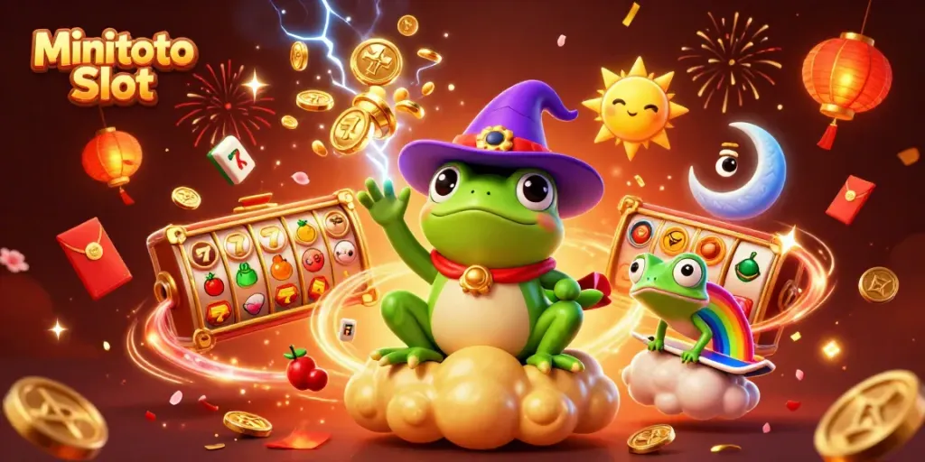 Minitoto Slot diilustrasikan dengan karakter berwarna cerah dan alat permainan memikat.
