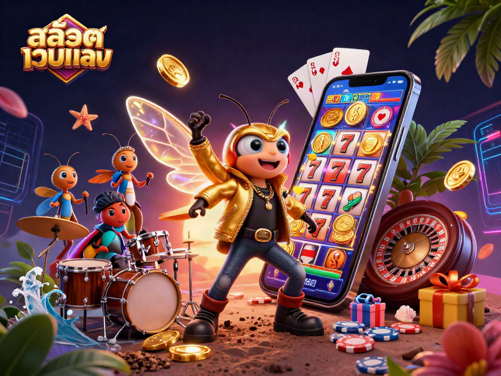 Engage with สล็อตเว็บตรง in this vibrant casino-themed 3D illustration showcasing a thriving slot game scene.