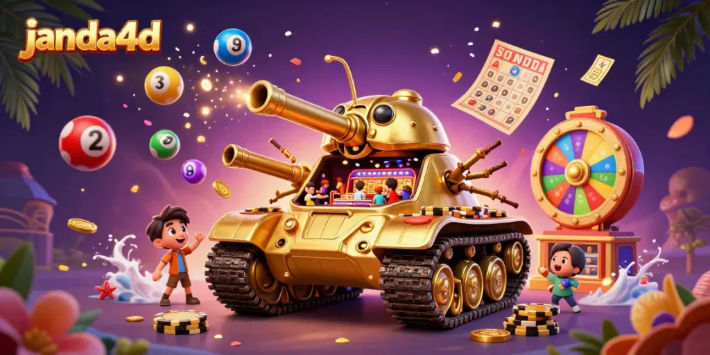 Bermain slot di janda4d dengan suasana kasino mini yang meriah dan balon lotere berwarna-warni.