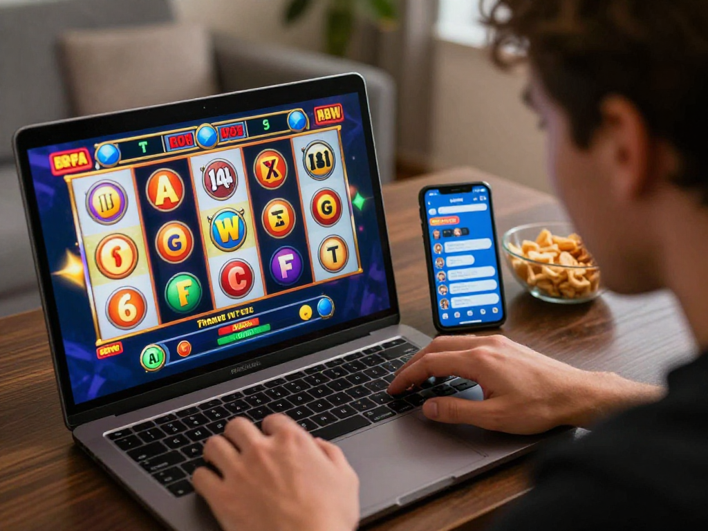 Pengguna slot777 bermain di laptop dengan visual menarik dan emosi antusias.