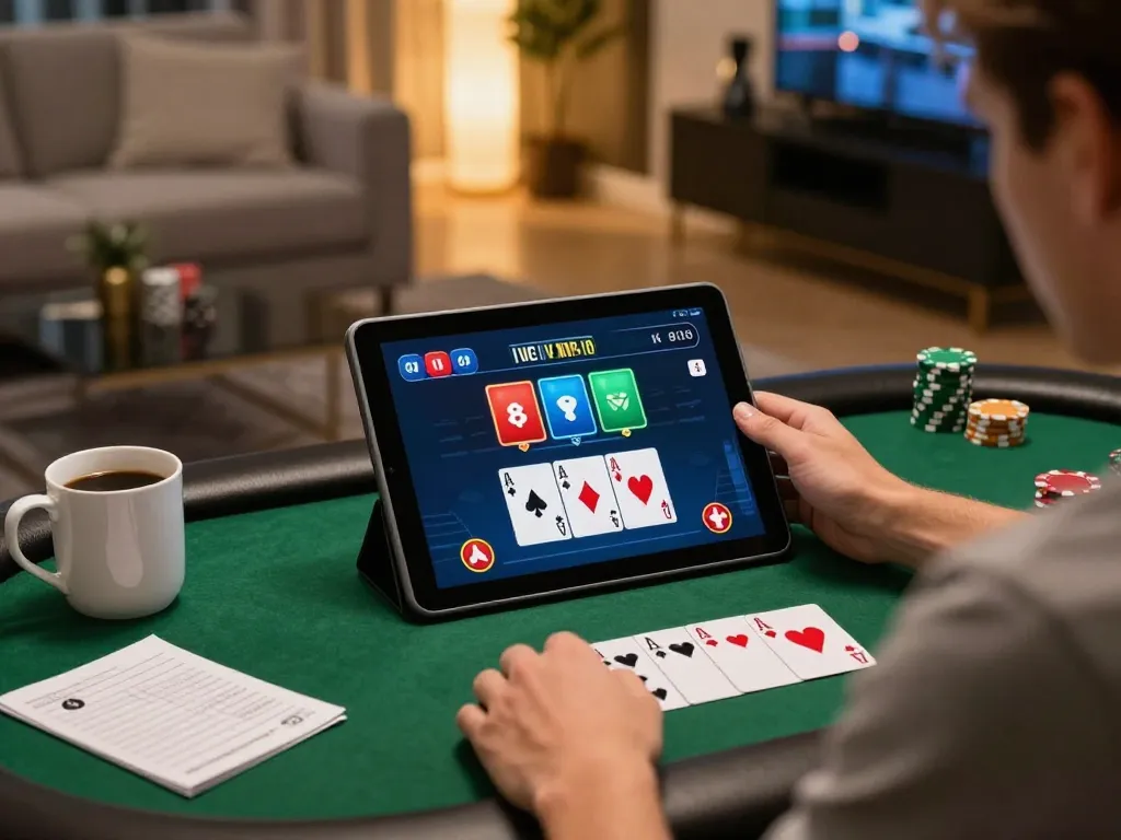 RR88 player engaging in online poker with tablet, showcasing betting options and community cards in cozy home setting.
