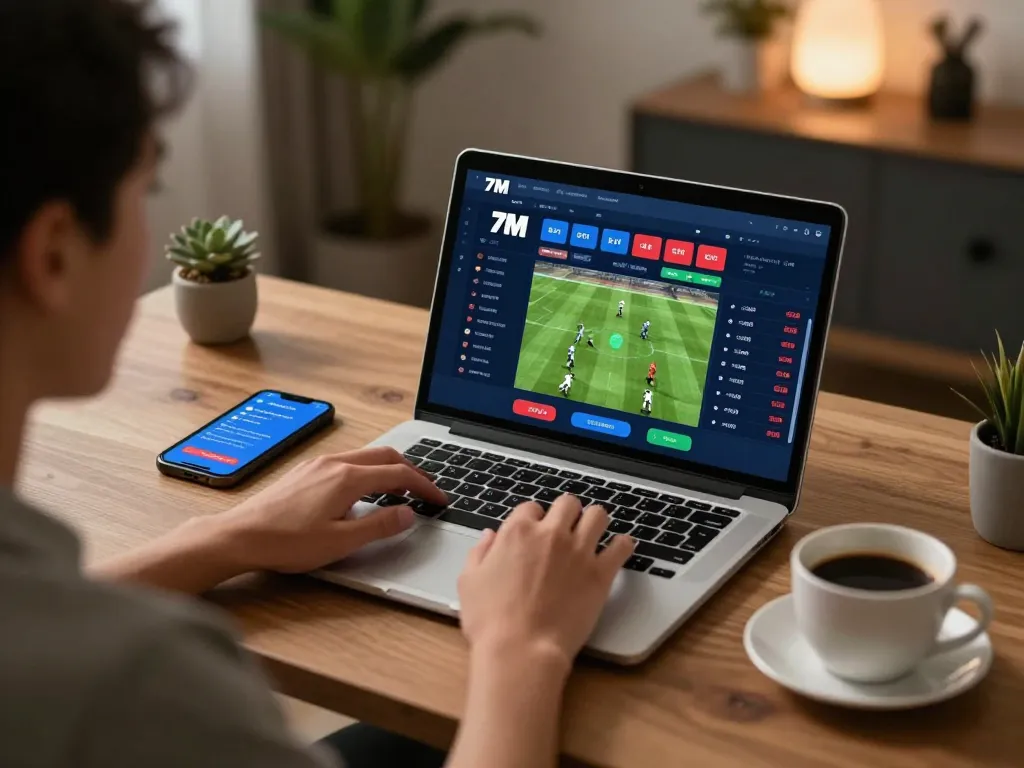 Engaging in 7m sports betting strategy with online interface displayed on laptop in cozy home setting