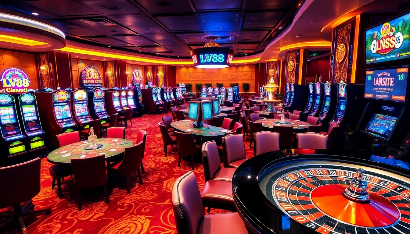 Action-packed LV 88 casino scene featuring exciting slot machines and poker tables.