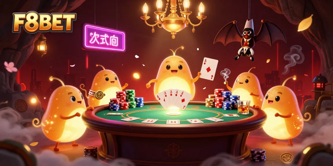Experience the thrill of F8BET with vibrant 3D casino scene featuring glowworms and poker action.