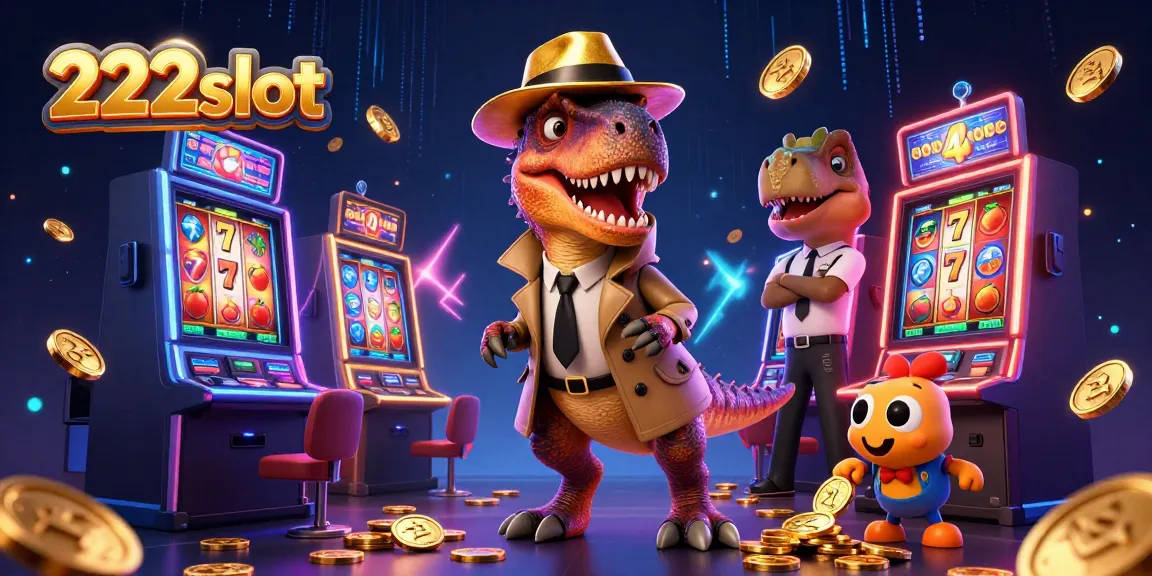 Menangkan jackpot di 222slot dengan velociraptor menyamar di mesin slot, dikelilingi elemen kasino yang dinamis.