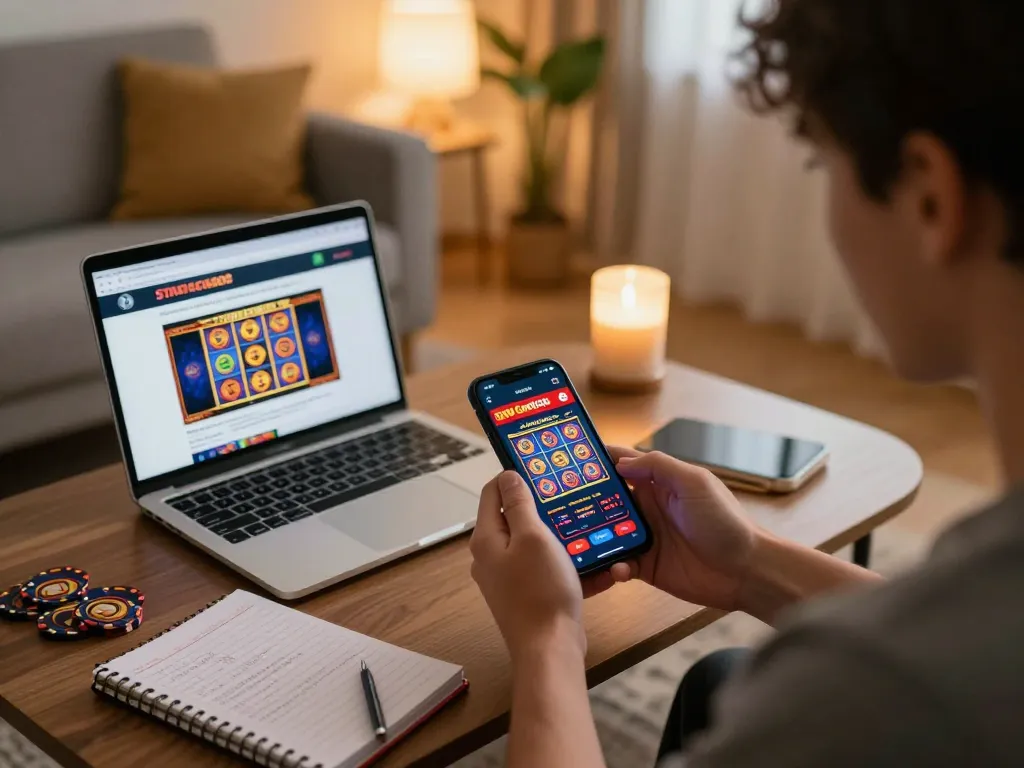 Player immersed in non Gamstop mobile gaming, showcasing a smartphone gameplay screen with casino slots interface.
