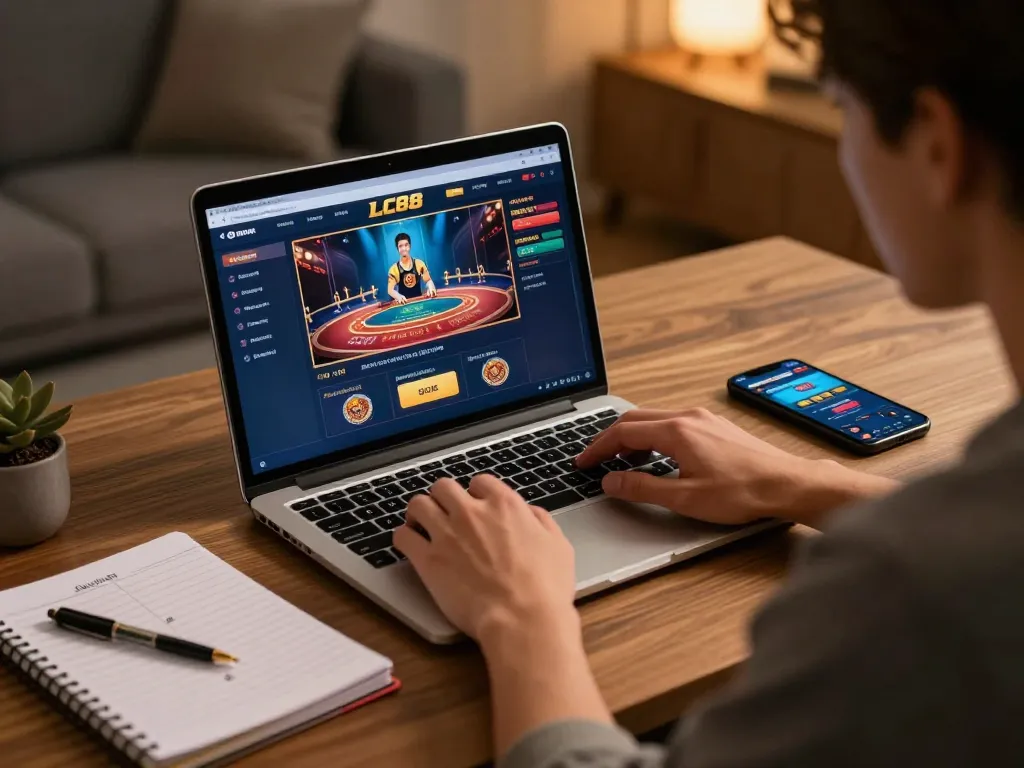 Play strategically at LC88 online casino with a focused player using a laptop.
