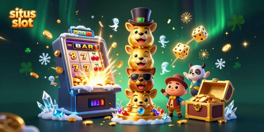Menggandakan kemenangan di situs slot dengan animasi berisi mesin slot, simbol keberuntungan, dan nuansa ceria