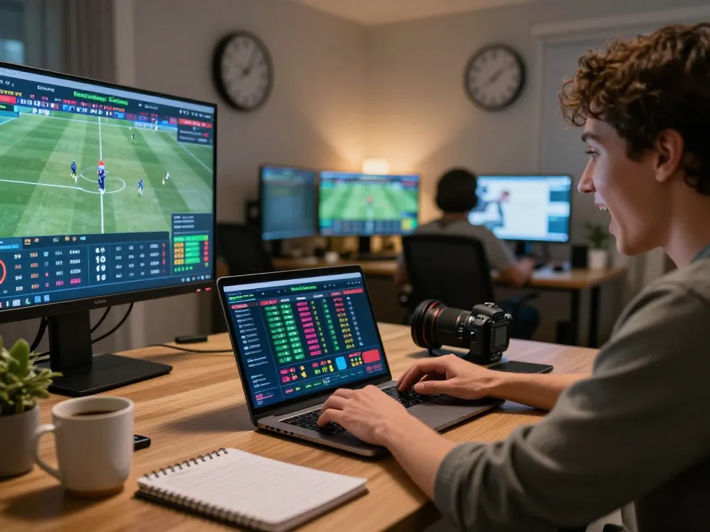 Engaging in online betting at shbet.com from a home office with vibrant sports event displays.