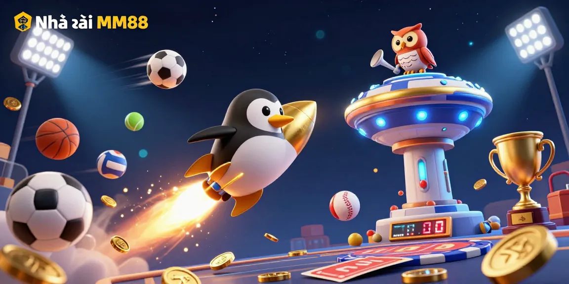 Engaging illustration of Nhà cái MM88 with a golden penguin and sports elements in a vibrant casino scene.