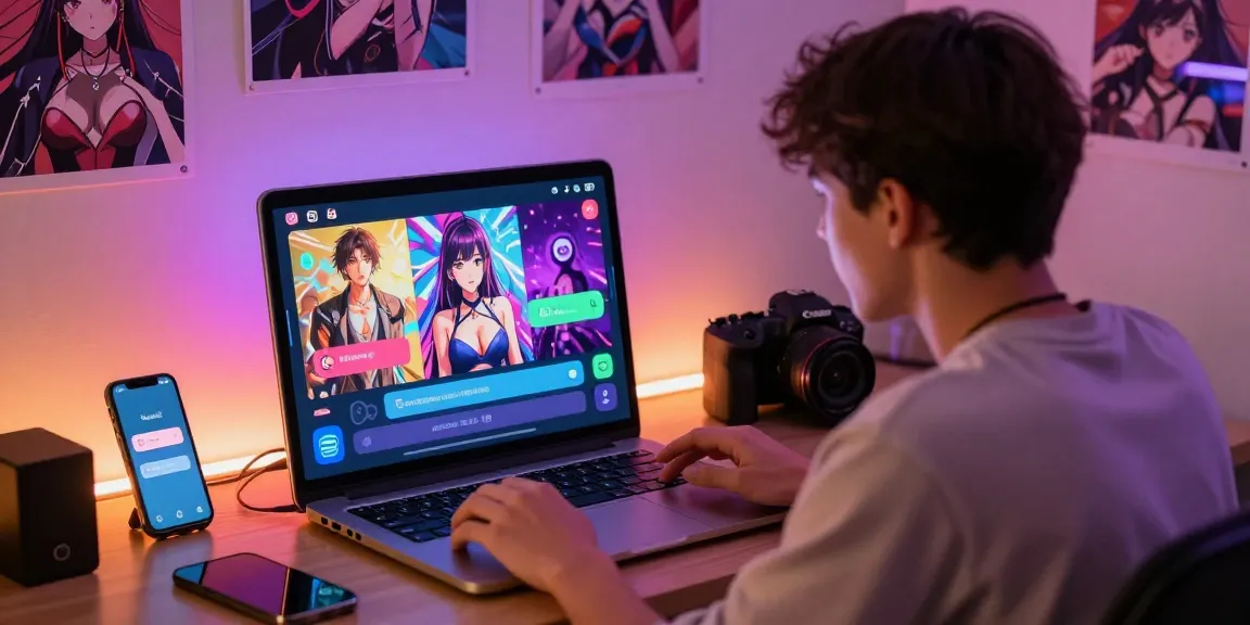 Engaging user interface showcasing hentai ai chatbot interaction with vibrant anime visuals in a cozy workspace.