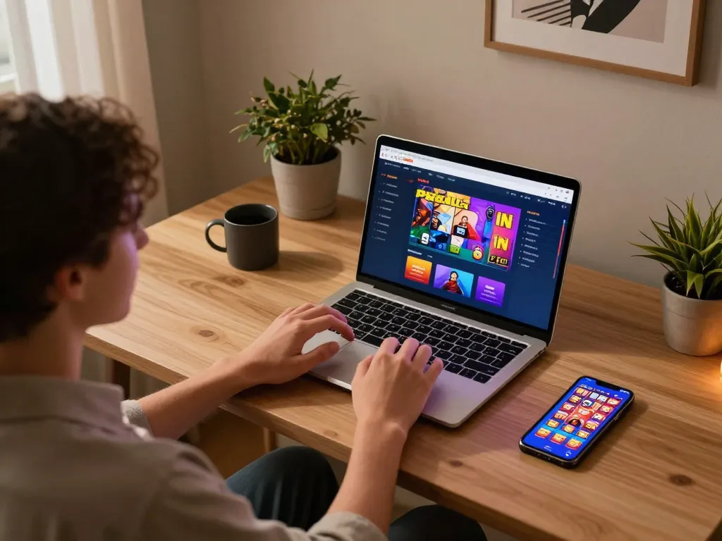 Engaging with PGSLOT IN on a laptop and smartphone, showcasing a vibrant home gaming experience