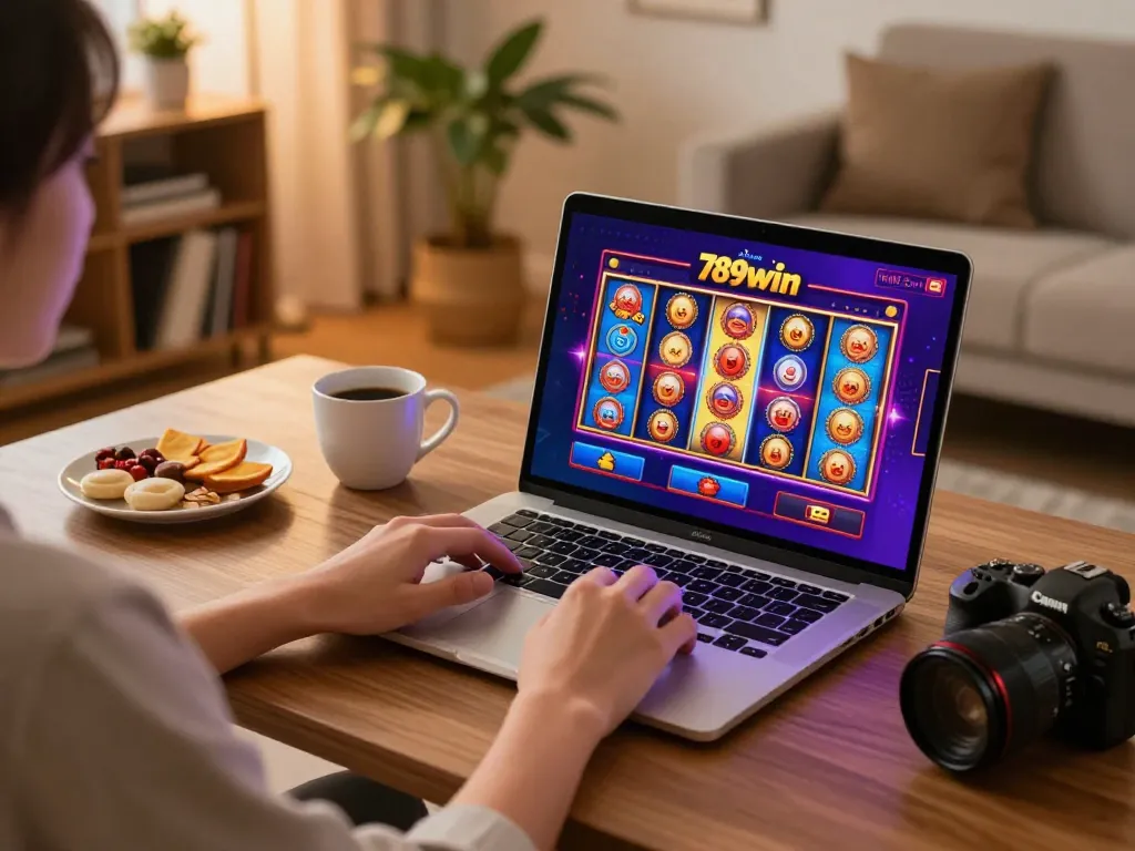 Engaging with online casino games at Nhà cái 789win on a laptop in cozy home setting.