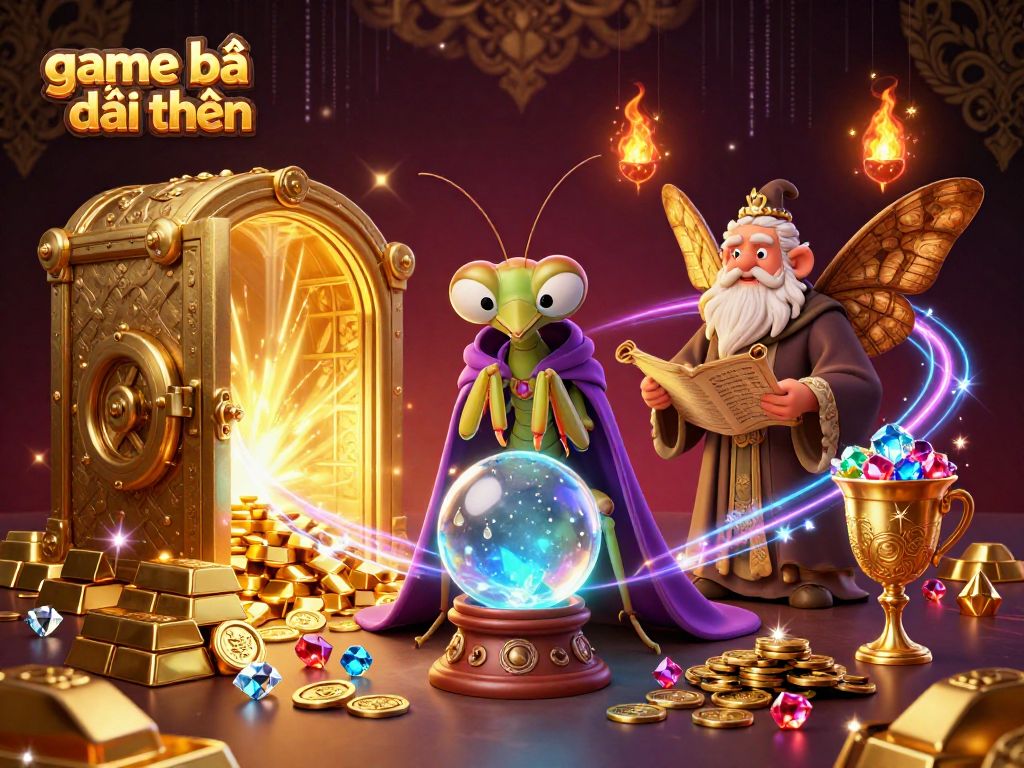 Engage in game bài đổi thưởng with a mystical 3D scene featuring a fortune teller and valuable treasures.