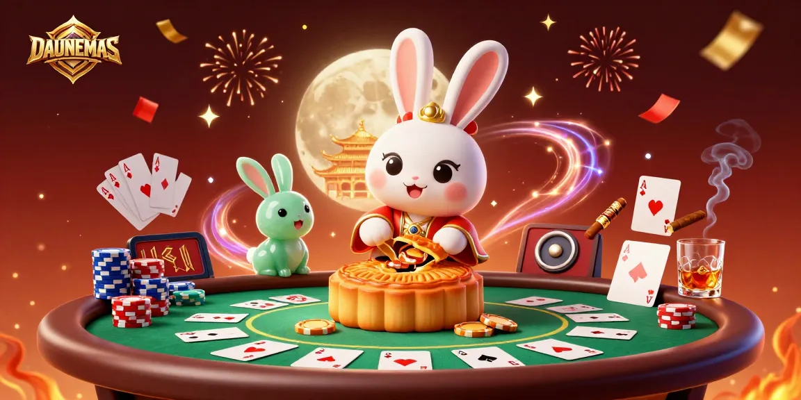 Engage in DAUNEMAS gaming with a whimsical scene of the moon rabbit and poker elements.