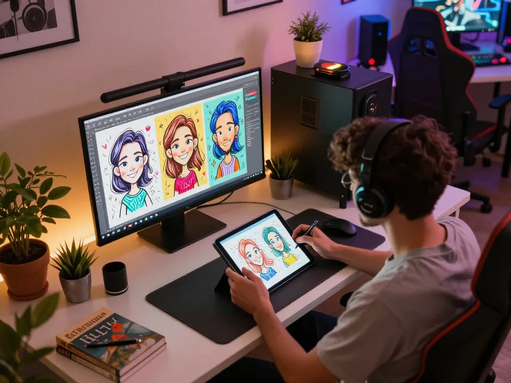 Create a caricature using advanced online tools in a cozy home setup