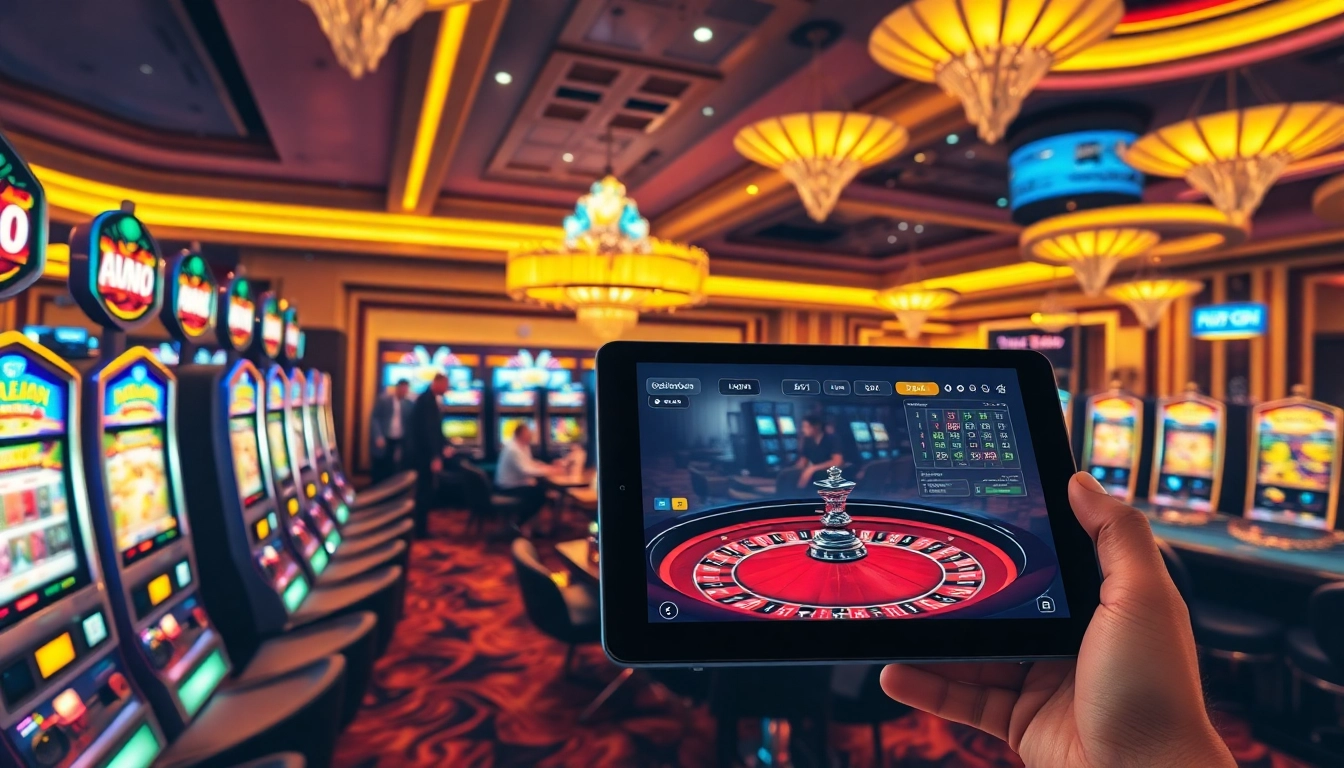 Nohudoithuong casino scene showcasing vibrant slot machines, roulette tables, and online gaming excitement.