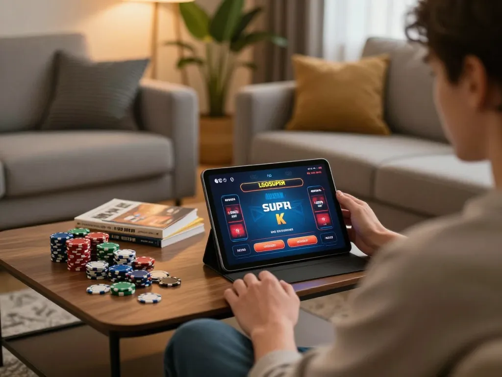 Player enjoying LGOSUPER online casino gaming in a cozy living room setting with strategy notes visible.