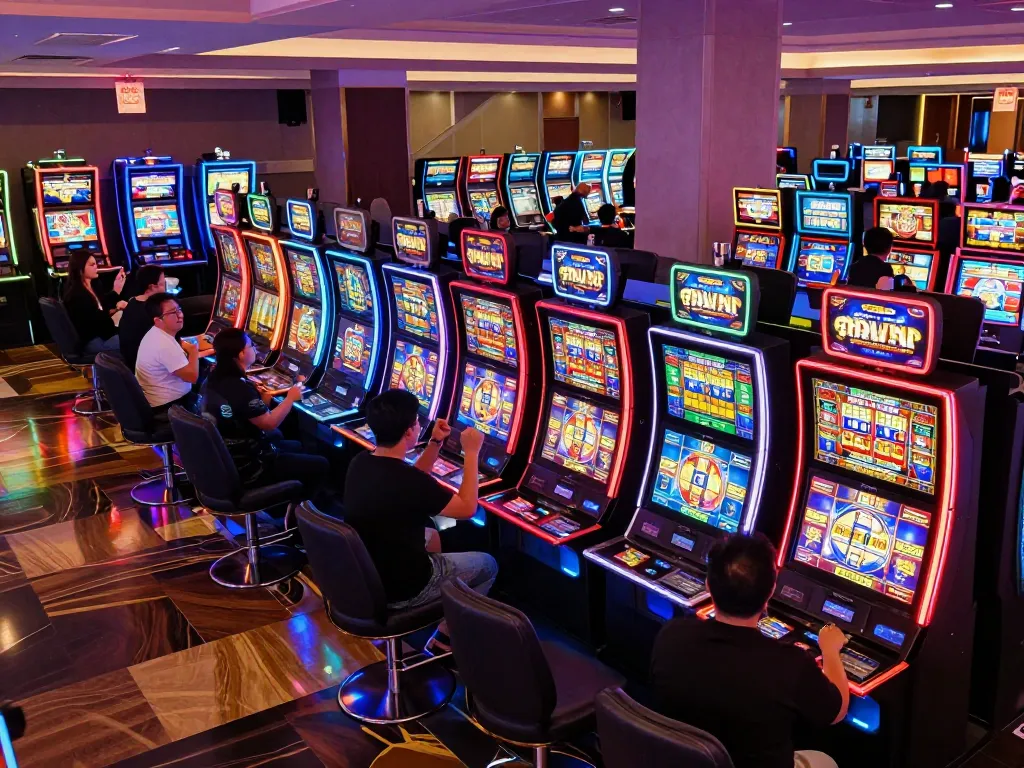 Players celebrating wins at colorful slot gacor machines in an upscale casino.