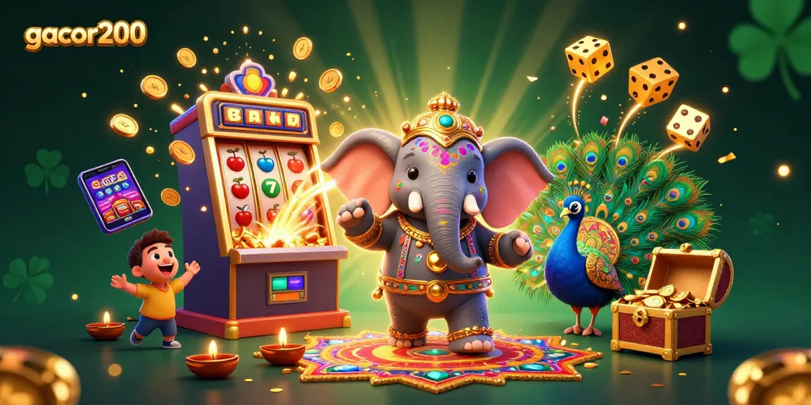 Play exciting casino games at gacor200 with a vibrant Diwali-themed elephant and peacock in a jackpot scene.
