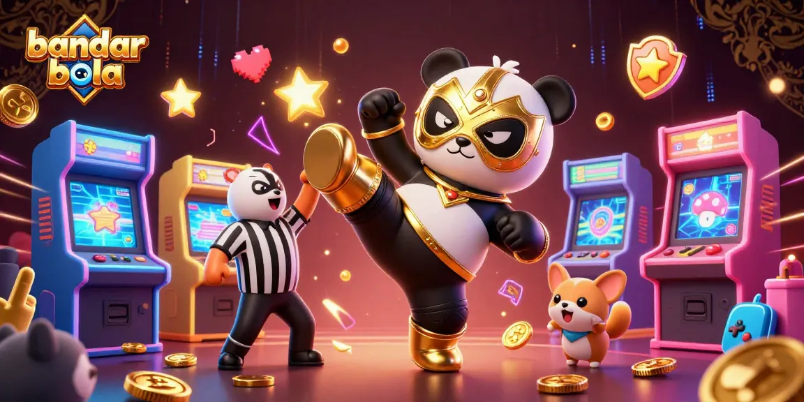 Place bets and win with bandar bola at this vibrant 3D casino illustration featuring a wrestling panda and animal spectators.