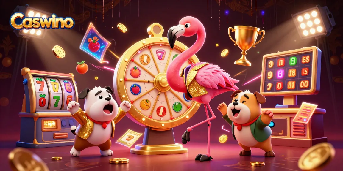 Caswino Casino features an excited bulldog and flamingo spinning a golden wheel amidst vibrant slot gaming elements.