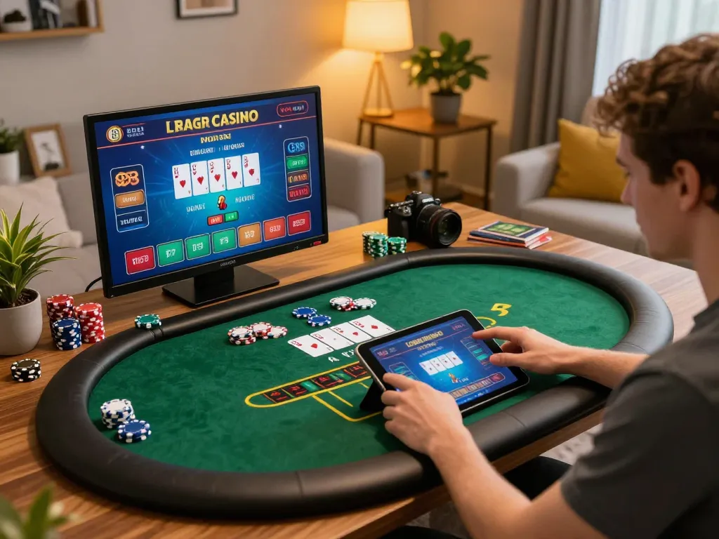 Experience online gaming at 888newcasino with engaging tablet gameplay in a cozy home environment.