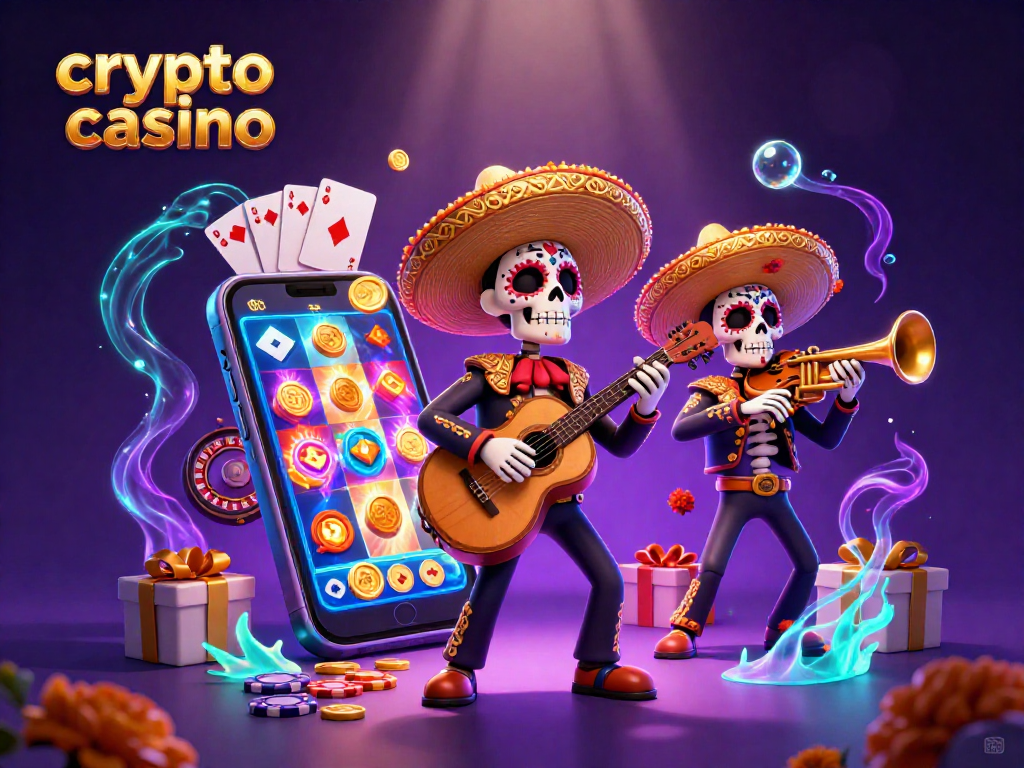 Engage in the vibrant crypto casino world with a mariachi-themed 3D illustration of games and coins.