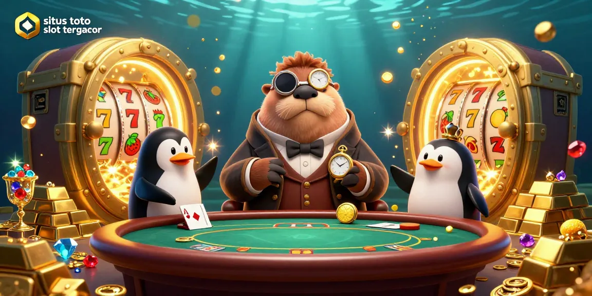 Sitas toto slot tergacor scene with a jolly walrus and friends playing poker, surrounded by sparkling gems and treasures.