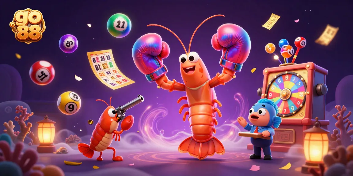 Engage with go 88's vibrant themes as lottery balls bounce alongside animated shrimp in a lively casino scene.