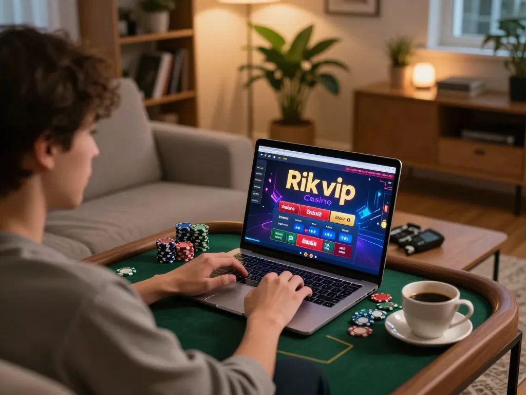 Engaging with the rik vip online casino platform on a laptop in a cozy home setting.
