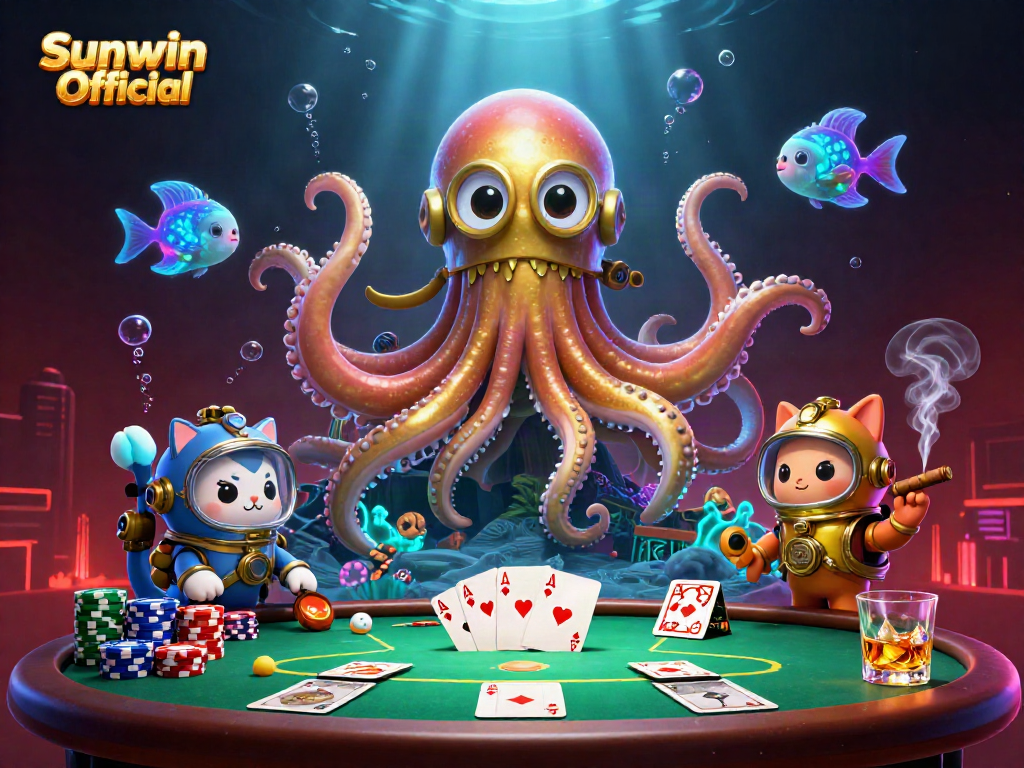 Place bets and win big with Sunwin Official, featuring a kraken and a diving cat.