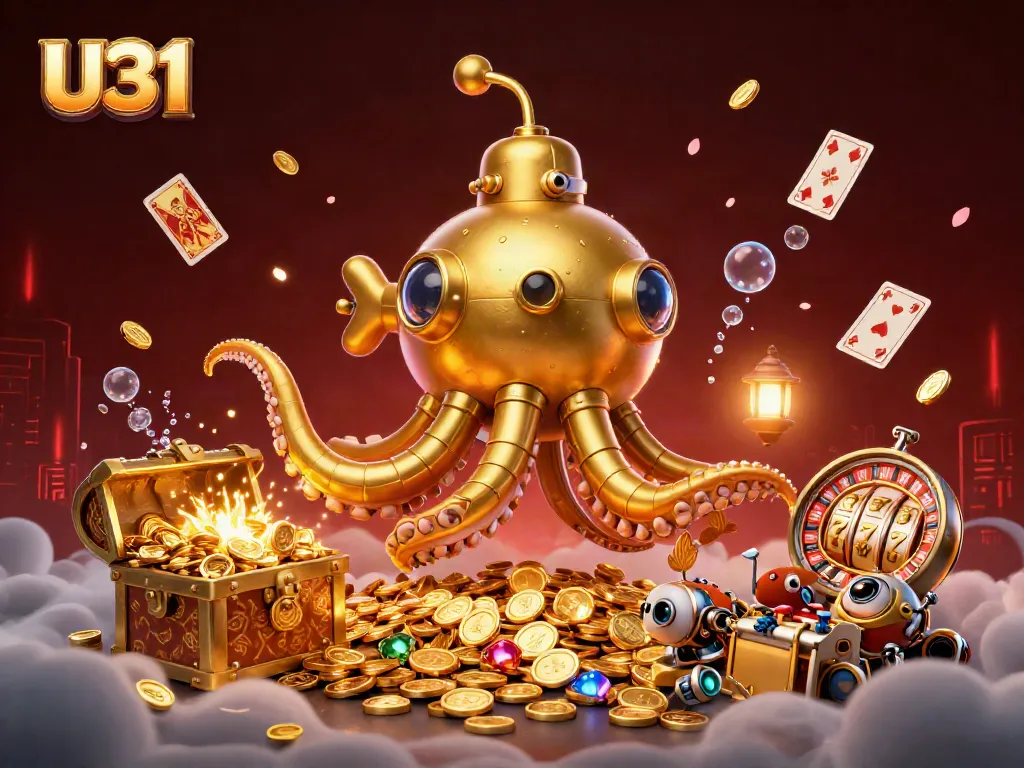 Win big with U31 casino featuring a golden kraken submarine and vibrant slot reels!