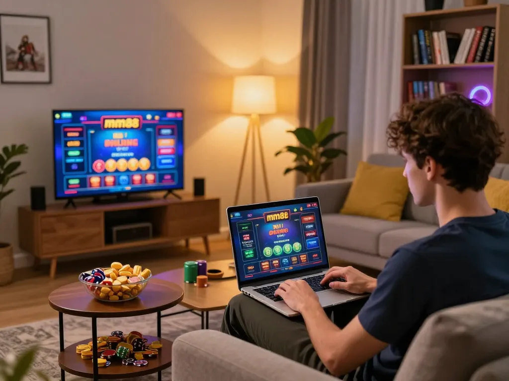 Player enjoying immersive mm88 online casino experience at home with laptop and strategy notes.