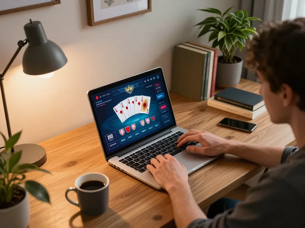 Player enjoying online poker at home on trang chủ uu88 in a cozy office setting