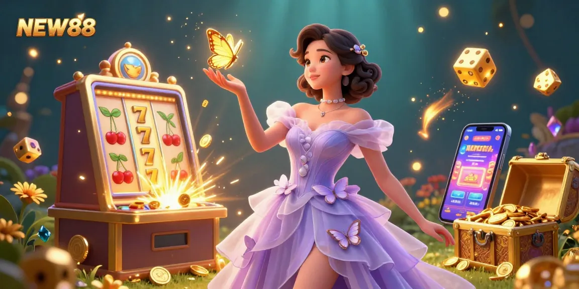 Spin and win at NEW88's vibrant casino, showcasing an enchanting scene with exciting gaming elements.