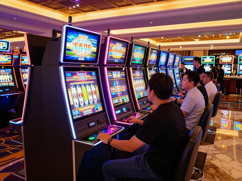 Mesin slot Leci123 menerangi lantai kasino saat para pemain terlibat dan merayakan