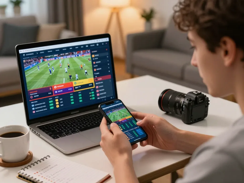 Action-packed scene showcasing a Tập đoàn okwin user engaged in online sports betting, smartphone displaying various bets in a cozy home setting.