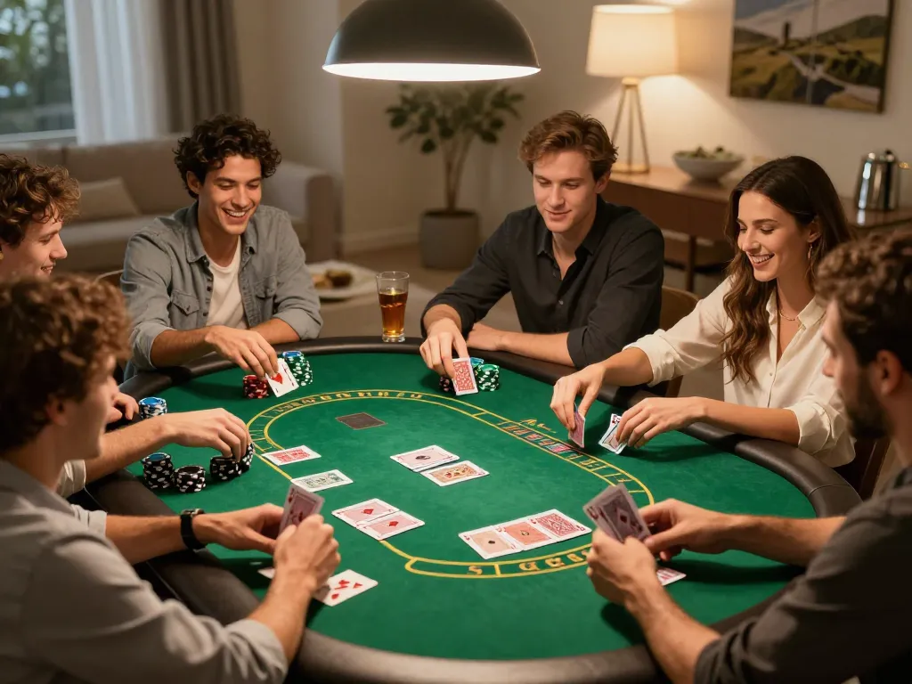 Friends enjoying a lively poker game at home with SC88 atmosphere, chips and cards in action.