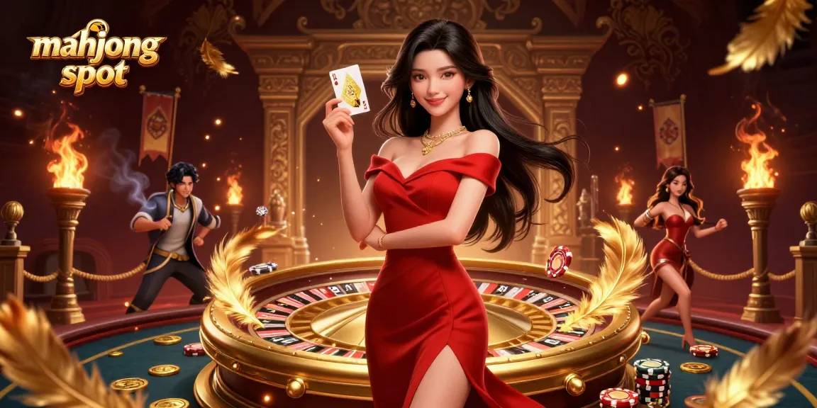Experience the excitement of mahjong slot with a stunning Asian dealer amid gold and glamour.