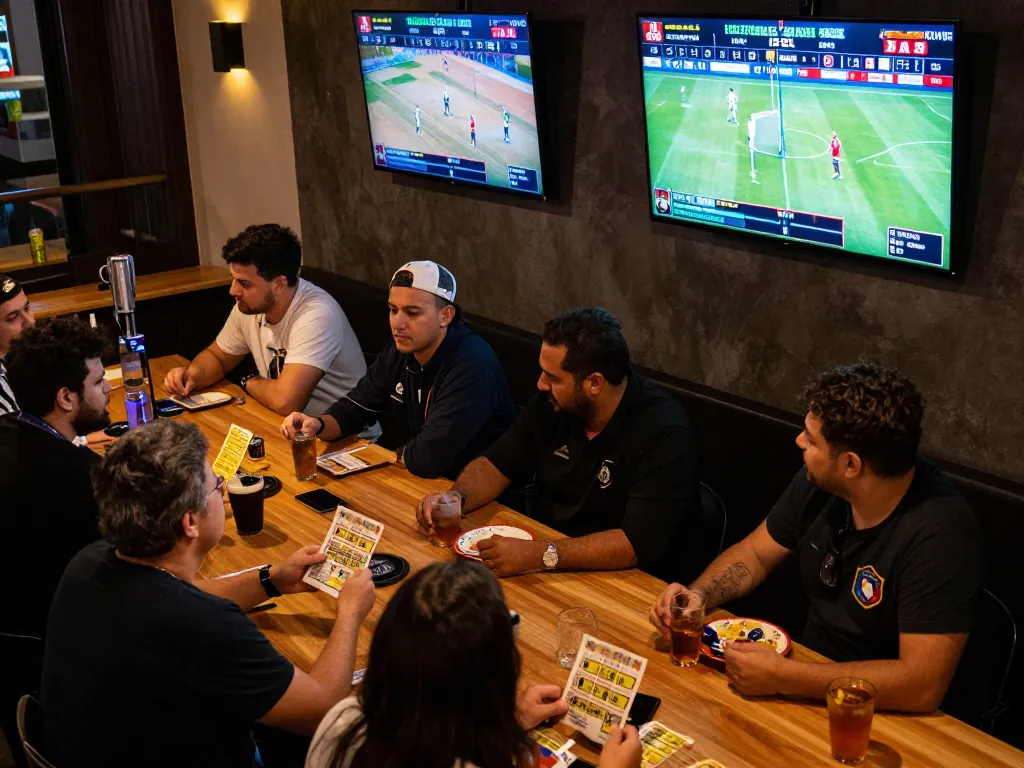 Engaged bettors at nhà cái 888VI sports bar immersed in live sports action.