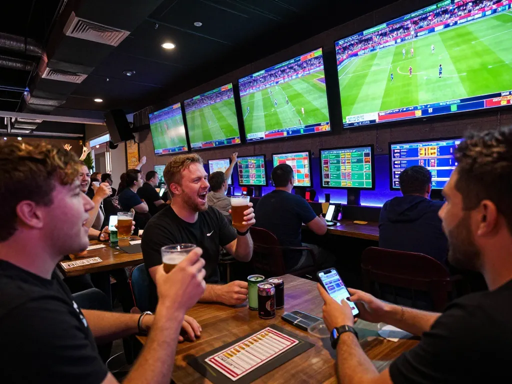 Sports betting excitement at Steaksnlobsters venue, showcasing live game action and patrons engaged in bets