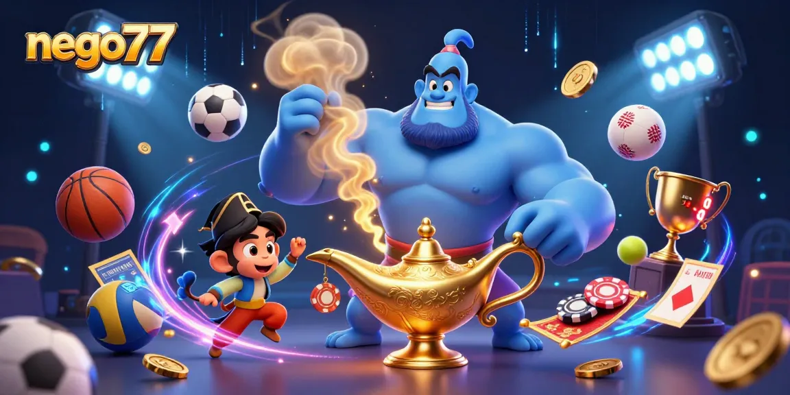 Nego77 enhances gaming excitement with a dynamic casino scene filled with playful characters and sports elements.