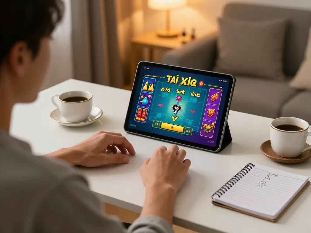 Engaging in tài xỉu online from home with colorful game interface on tablet and cozy atmosphere