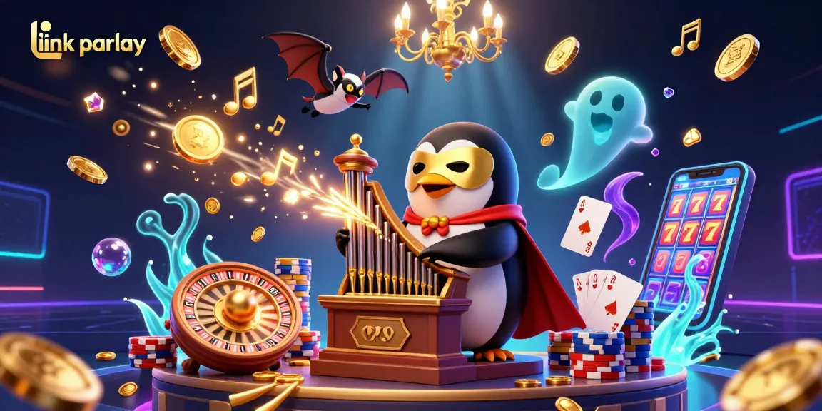 Engage with link parlay betting through a vibrant scene of dynamic casino characters and game elements.