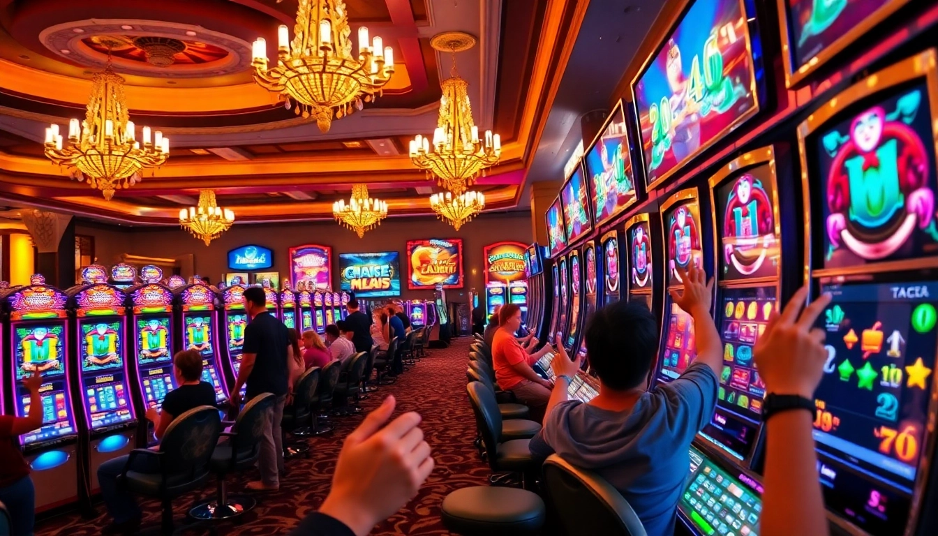 Players celebrate slot machine wins in a vibrant casino atmosphere with colorful decor.