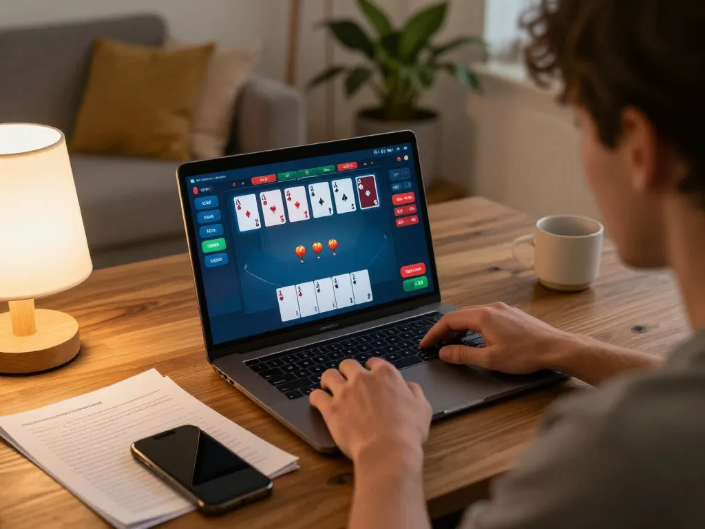 Engaging in an online poker game via laptop, bcx88 interface visible, boosting strategic gameplay.