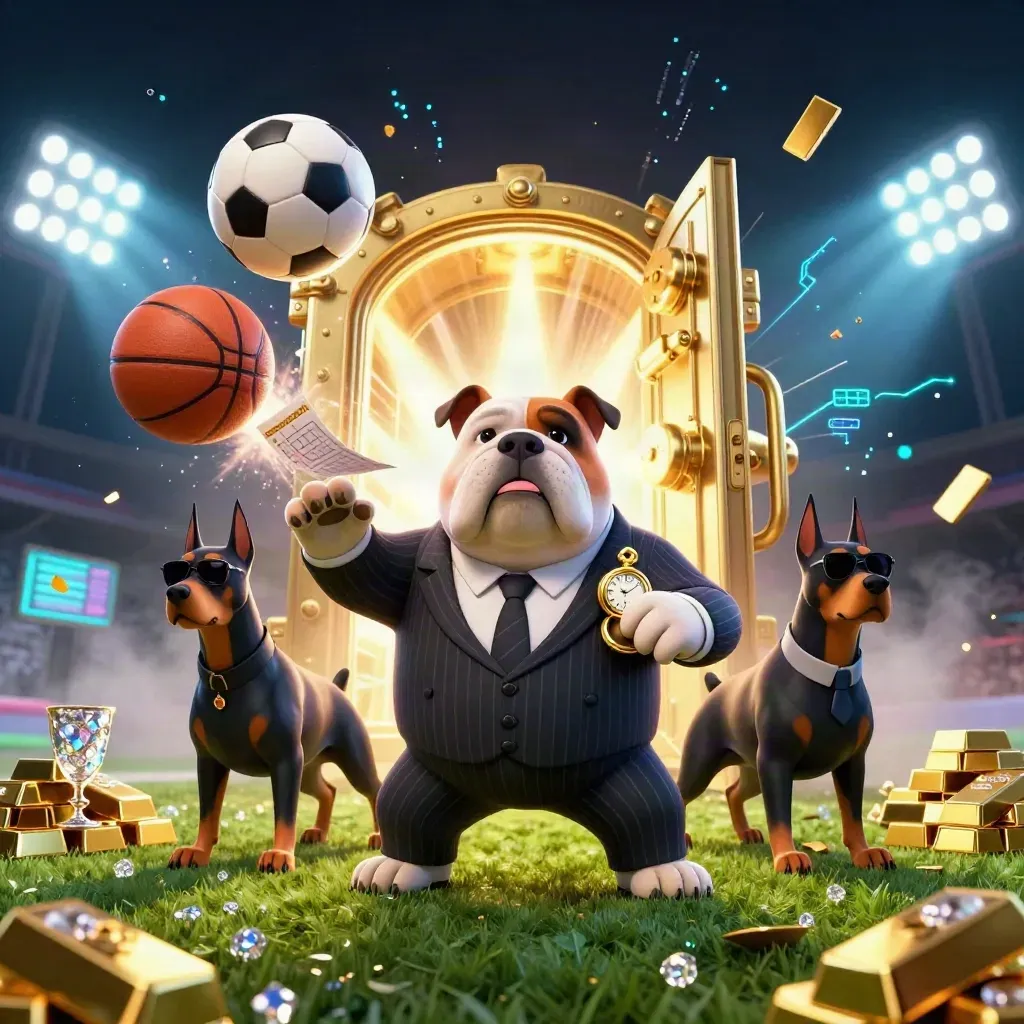Bulldog boss and Doberman guards amid a soccer-ball burst, vault gold, and neon casino glow